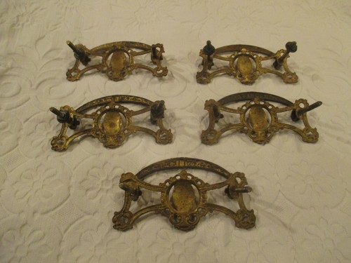 Vintage Lot Of 5 Ornate Brass Drop Bail Drawer Pulls 3" centers - Picture 2 of 12