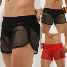 Mens See-through Sheer Mesh Shorts Loose Lounge Boxer Briefs Underwear Trunks