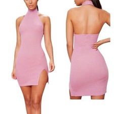 Pretty Little Thing Mauve Ribbed High Neck Split Detail Bodycon Dress