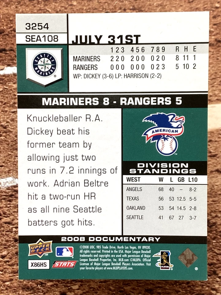 2008 Upper Deck Documentary Erik Bedard #3254 - Image 2 of 2