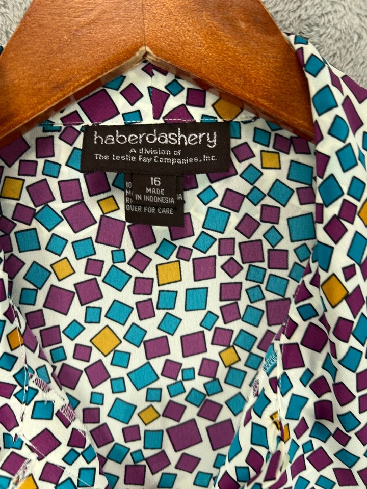 Винтажный Haberdashery Leslie Fay женщин 16 блузка фиолетовый геометрический кнопка длинным рукавом - Изображение 4 из 4