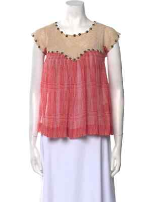 Phillip Lim Crochet Blouse Women XS Red Silk Studded Short Sleeve Scoop Neck
