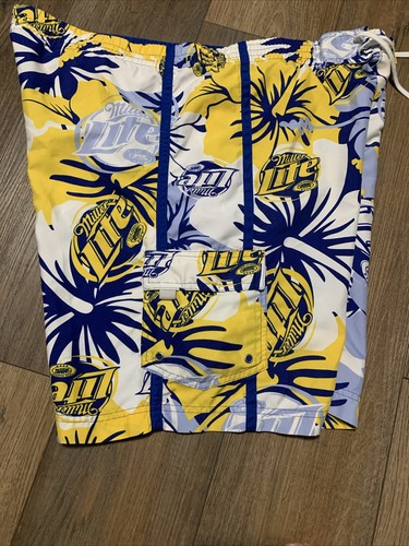 Miller Lite Swim Trunks Shorts Drawstring Logo Men's 40 Blue Yellow Floral - Picture 5 of 7