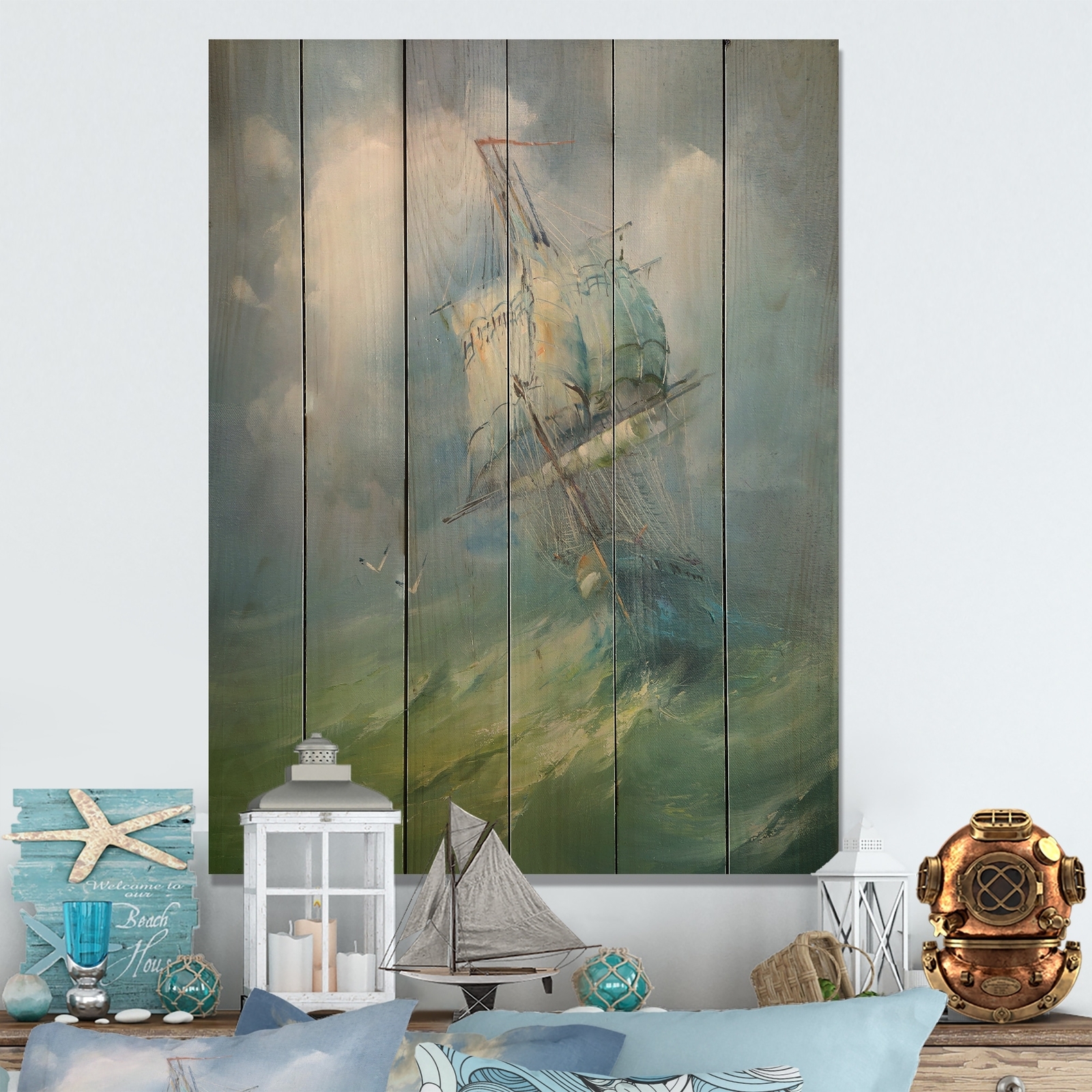 Designart 'Classic Sailboat Wave' Nautical & Coastal Wood Wall Art - Natural