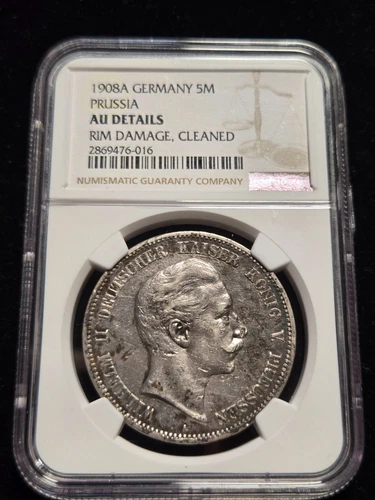 1908A Germany Silver 5 Mark Prussia NGC AU Details Rim Damage, Cleaned (Z-0840)