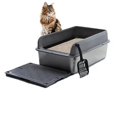Stainless Steel Cat Litter Box w/ High Sided &Foot Pedal & Scoop for Big Cat