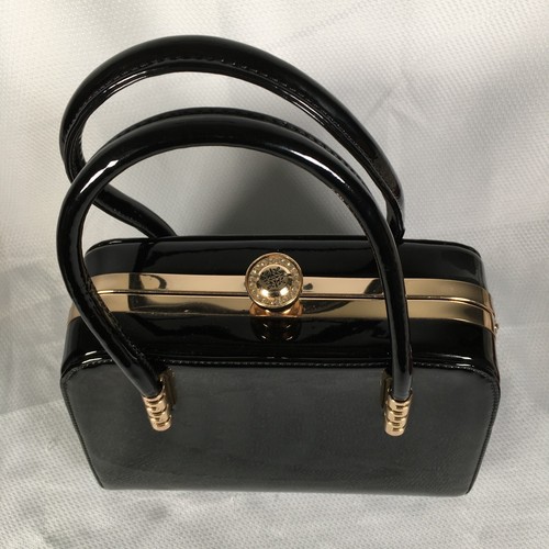 Black Patent Leather Top Handle Crossbody Handbag Satchel Hard Shell Gold Trim - Picture 11 of 14