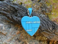 Turquoise & White Opal Inlayed Handcrafted Heart Sterling Silver 925 Pendant C66