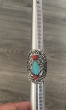 Large Beautiful Tibet Exotic Tribal Turquoise  Coral Silver Adjustable Ring