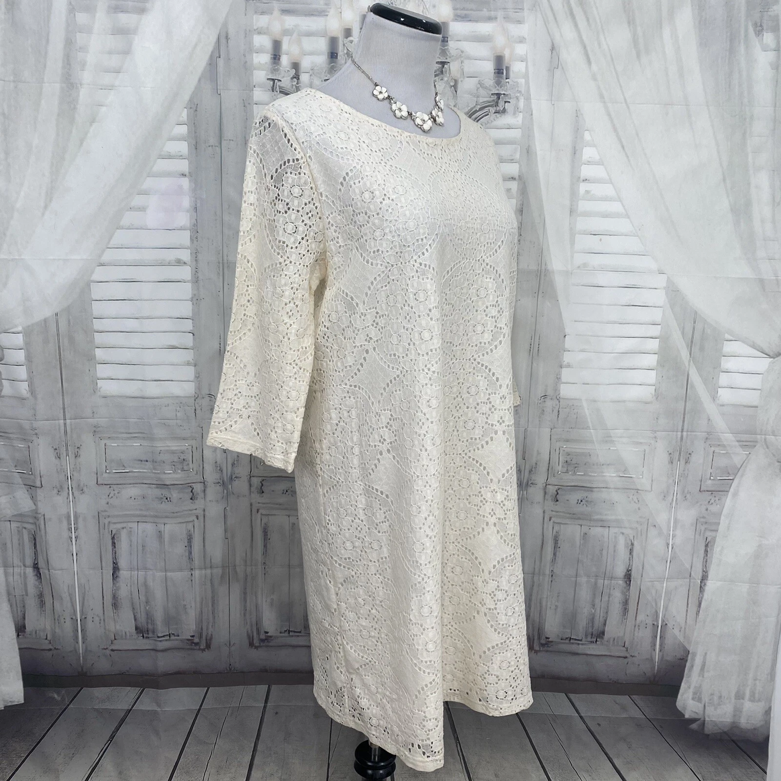 OFF WHITE Abito da barca foderato in pizzo Everly taglia grande crema avorio manica a 3 4 B33