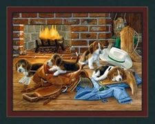 Wranglers Cowboy Beagle Puppies Quilt Top Wall Hanging Panel Fabric