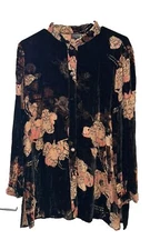 Citron Santa Monica Stunning Black Velvet & Silk Floral Blouse M Tunic Button Up