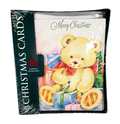 Vintage Boxed CHRISTMAS CARDS--Teddy Bear w/Presents- 16 Cards & Envelopes - NIB