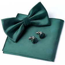 Mens Solid Color Double Fold Pre-tied Bow Tie and Pocket Square Cufflinks Green