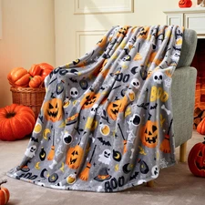 Halloween Throw Blanket - Soft Plush Witch'S Hat Bat Ghost Pumpkin Blanket - Coz
