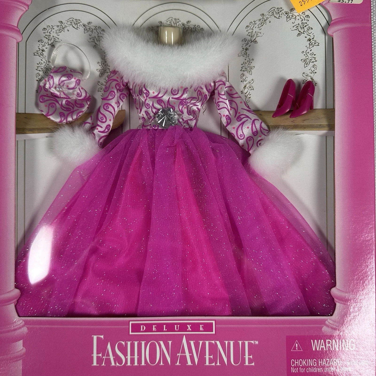 VETEMENTS Vintage 1995 Barbie Fashion Avenue Deluxe abito rosa scintillante con pelliccia #14307 nuovo con scatola