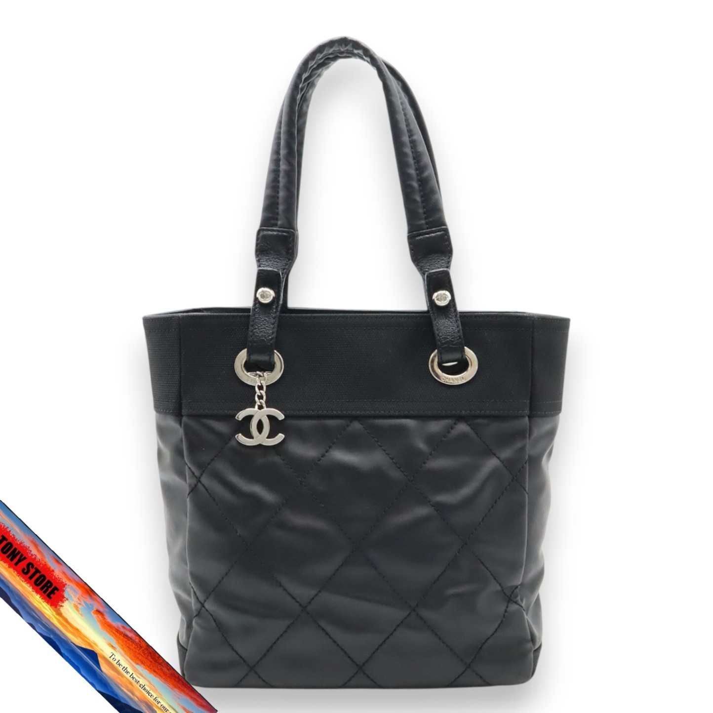 Chanel Paris Biarritz Tote PM Coated Canvas Leather Black Shoulder Bag