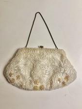 Vintage Beaded Clutch Purse Ivory Floral Kiss Lock Evening Bag Chain Strap