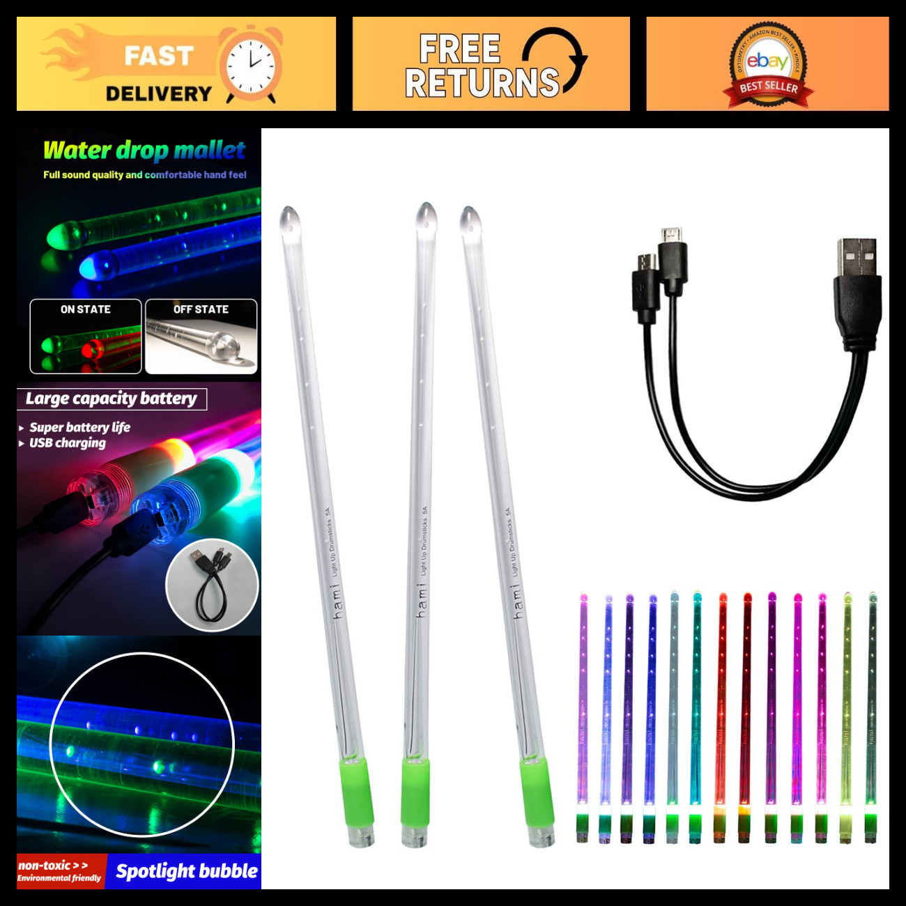 Color Changing LED Drumsticks - 2 Pack (4pcs) - Light Up Music Accessories