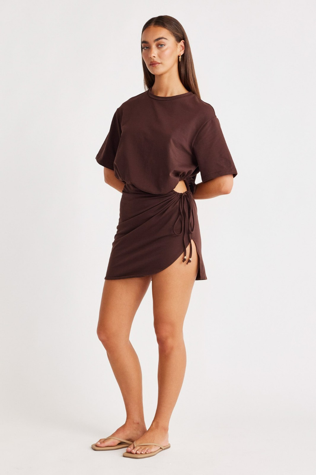SNDYS NWT Lola Mini Dress Women XXS Chocolate Ruched Side Slit Stretch Cotton
