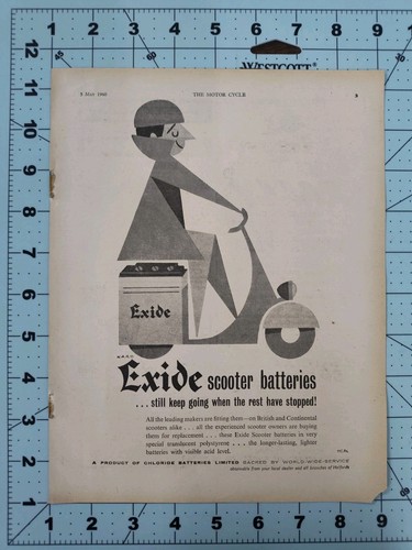 Vintage 1960 The Motor Cycle Ad Exide Scooter Batteries Karo Woburn Park Rally