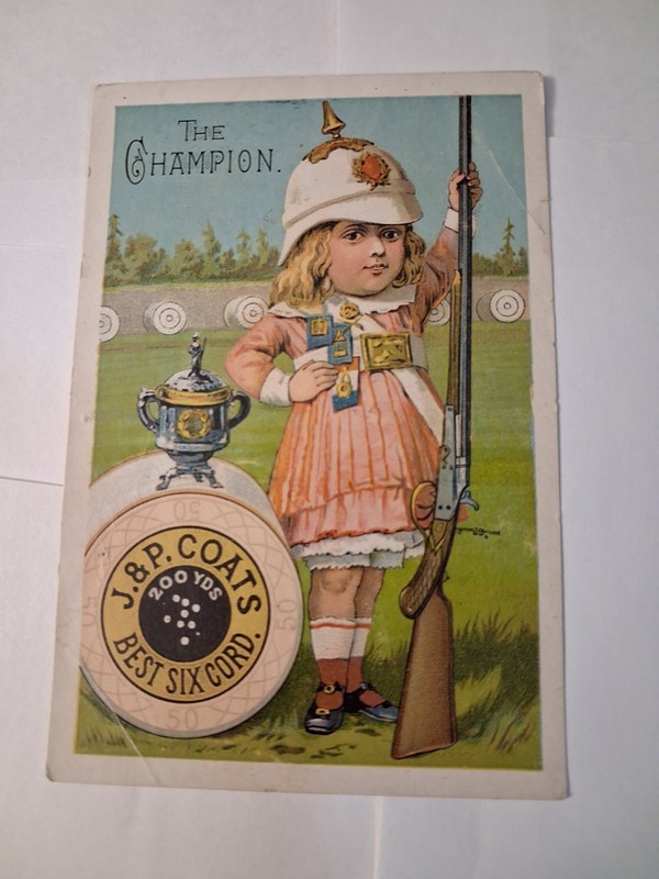 Victorian Trade Card For JP Coats Spool Cotton w/Girl Holding a Rifle