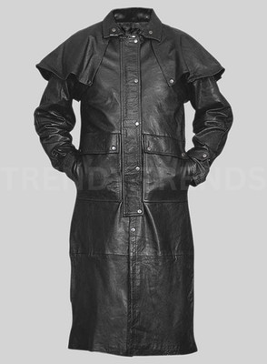 Men s Long Black Leather Duster Coat   Western Style Genuine Cowhide Trench