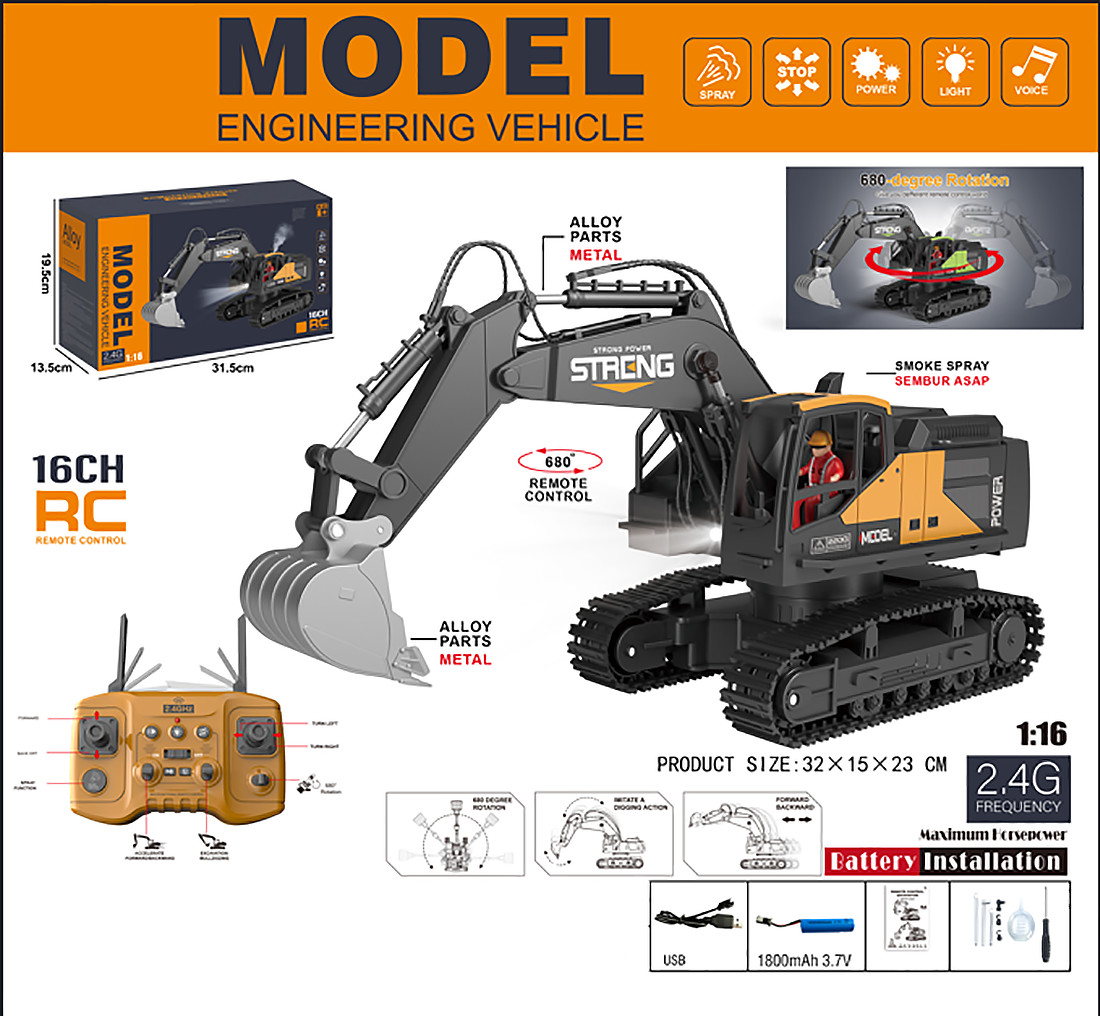 US 1/16 Orange Alloy RC Excavator 16 Channel Radio Control M