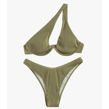 Womens Beach Vacation Olive Green Ribbed One Shoulder Bikini Set Swimsuit Size M