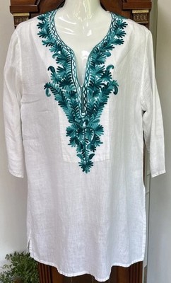 ROBERTA ROLLER RABBIT White Linen Tunic Turquoise Embroid. Cruise Beach Cover Up