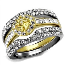 Women's Ring Set, Yellow CZ, 14K Gold Plated, Stainless Steel, Engagement