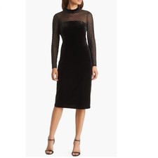 Eliza J Beaded Yoke Mixed Media Long Sleeve Sheath Dress, Black, Size 14, NWT