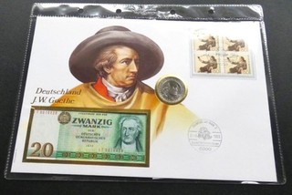 DDR Numisbrief J.W. Goethe mit einer 20 Mark Banknote 1975 5 Mark 1982