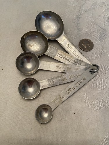 Vintage Set 5 schwere ALUMINIUM MESSLÖFFEL 1/4-1/2-1 TL - 1 LÖFFEL - Dessertlöffel