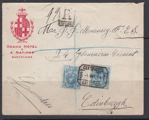 Spain 1914 Registered Cover to UK Grand Hotel