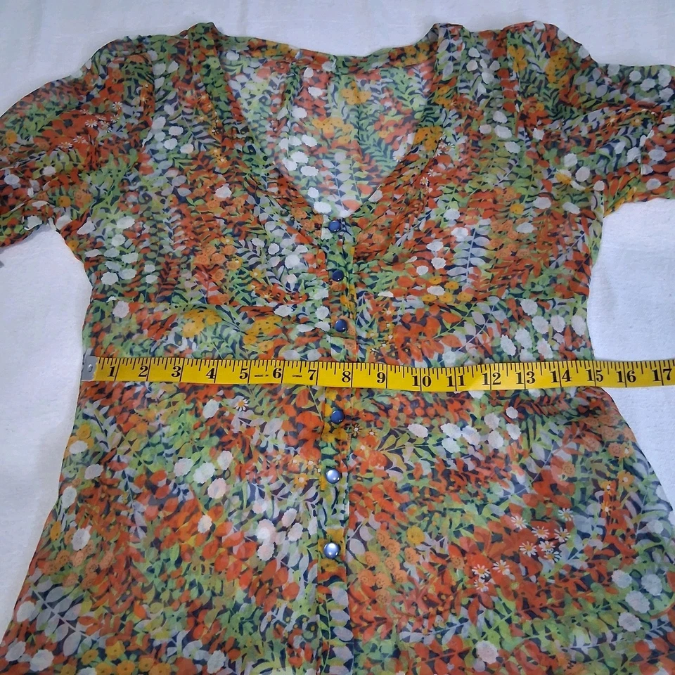 Blusa Anthropologie Odille Seda Transparente Colorida Floral Princesa Costura Manga Corbata Foto 4 de 4