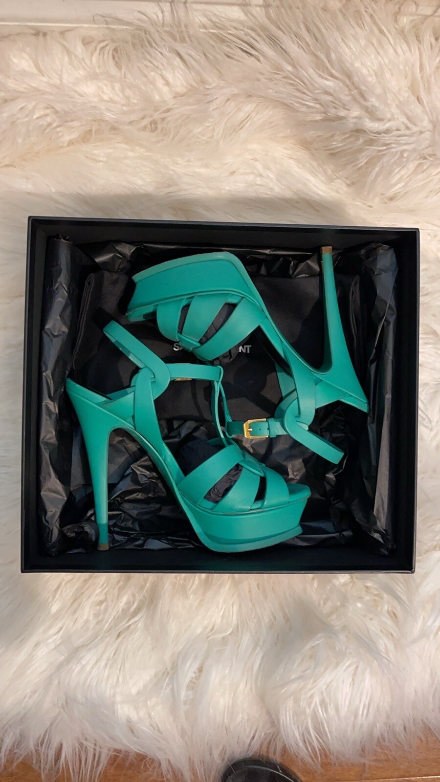 Sandali YSL Yves Saint Laurent Tribute Platform in pelle verde liscia 36 con scatola