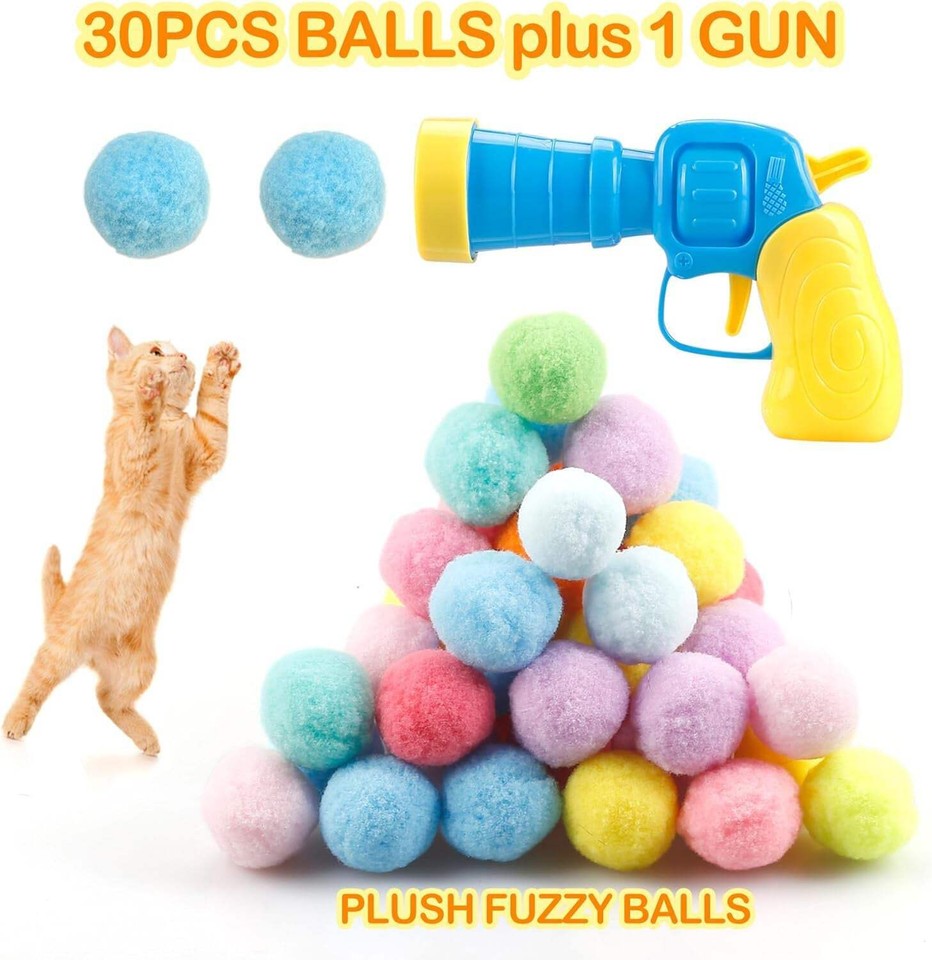 31Pcs Cat Ball Toy Launcher Gun, Cat Balls Fetch Toy, 30Pcs Plush Fuzzy