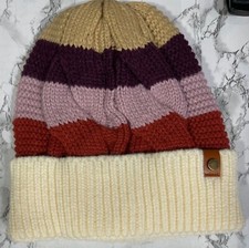 Frye Co. Womens Patchwork Striped Knit Beanie Hat Acrylic Multi-Color