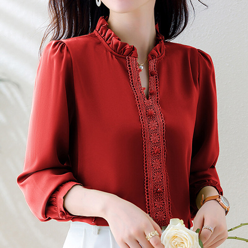 Lady Satin Pullover Tops Blouse Shirt Stand Collar Lace Long Lady Satin Pullover Tops Blouse Shirt Stand Collar Lace Long