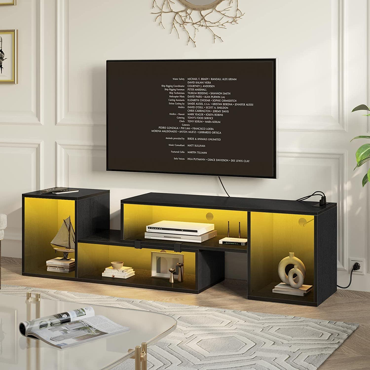 TV Stand, Deformable TV Stand with LED Strip & Power Outlets, Modern TV