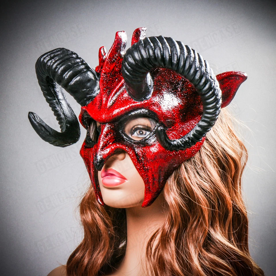Halloween Demon Devil Satan w/ Black Ram Horns Masquerade Party Mask Bloody Red - Image 3 of 4