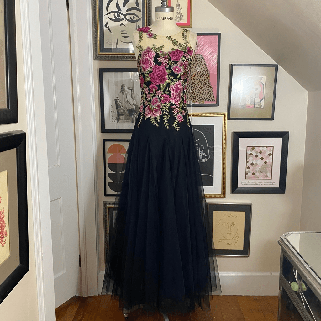 jjshouse petite evening dresses Floral Embroidered Maxi Dress With Sheer Flutter Sleeves In Navy Multi main image 1