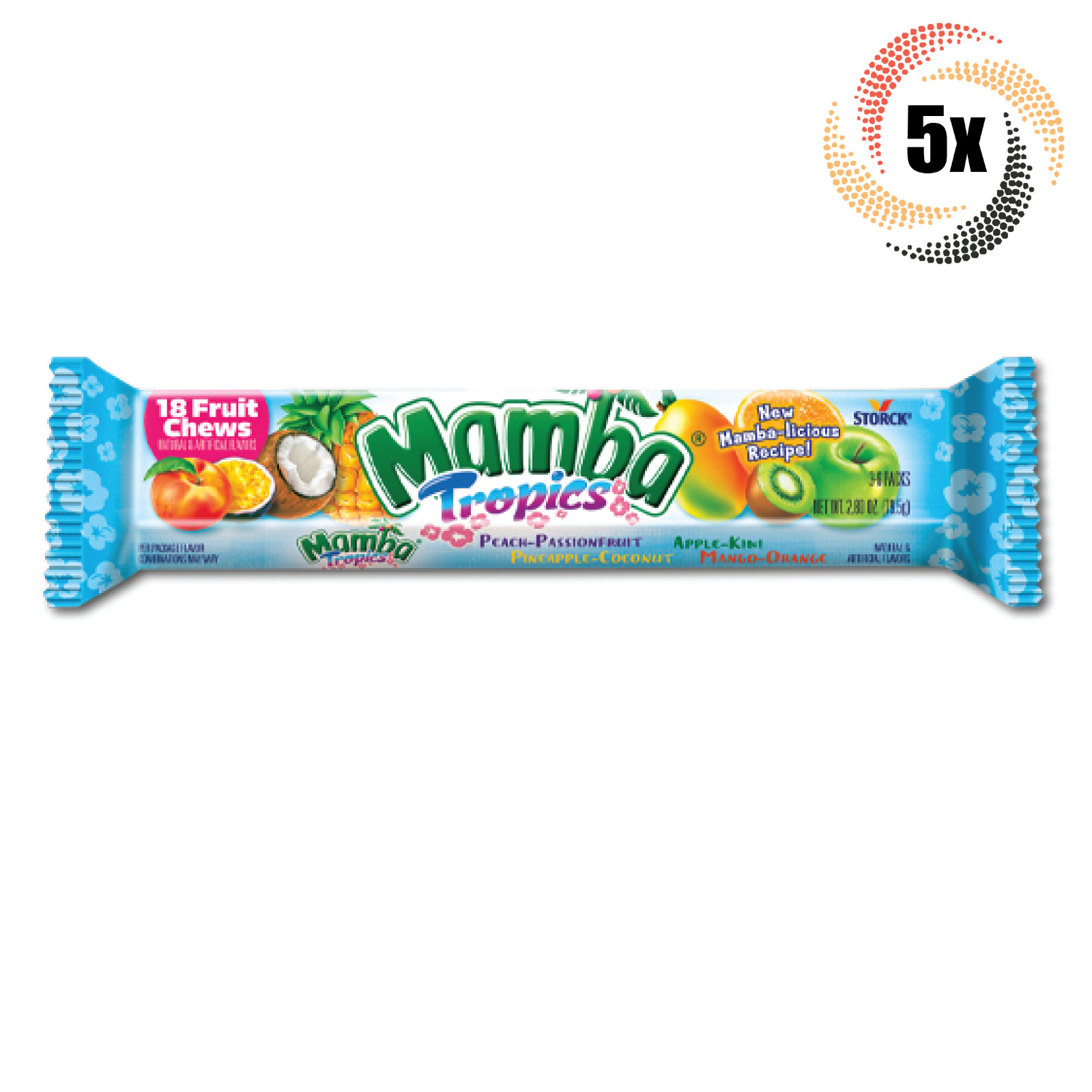 5x Packs Mamba Tropics Assorted Flavor Fruit Chews 18 Chews Per Pack 28oz 2990₽