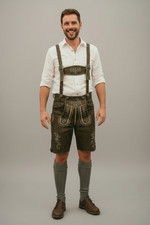 Lederhosen Men Octorberfest  Real Suede Leather Olive Beige  Antique Distressed