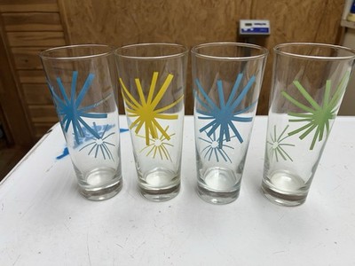 Atomic Starburst Asterisk Glasses Set of 4 Aqua Green Yellow whimsical fun 7''