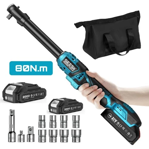 Seesii 21V 3/8" Cordless Ratchet Wrench 59 Ft-lbs 2 Battery 8 Sockets Brushless