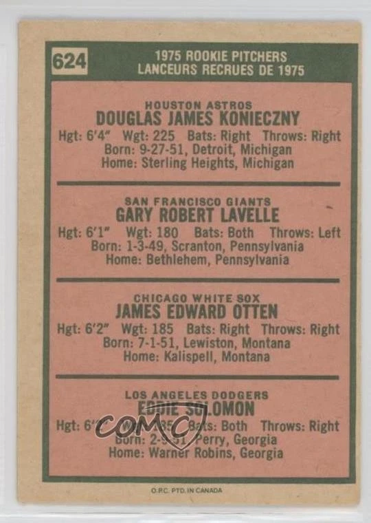 1975 O-Pee-Chee Pitchers Doug Konieczny Gary Lavelle Jim Otten #624 Rookie RC - Image 2 of 2