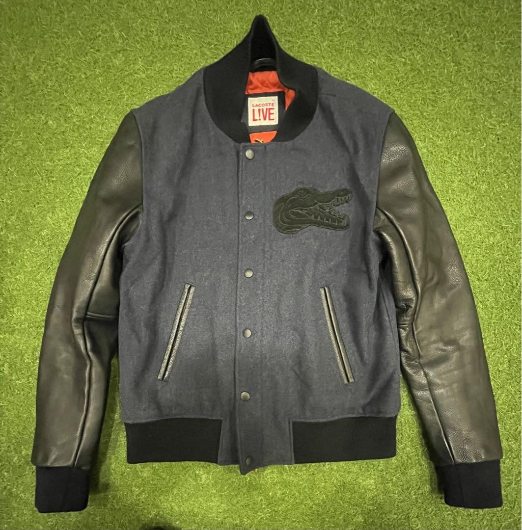 LACOSTE L!VE ジャケット NY購入 LACOSTE L!VE Men's Genuine Leather Varsity Jacket, Size 48