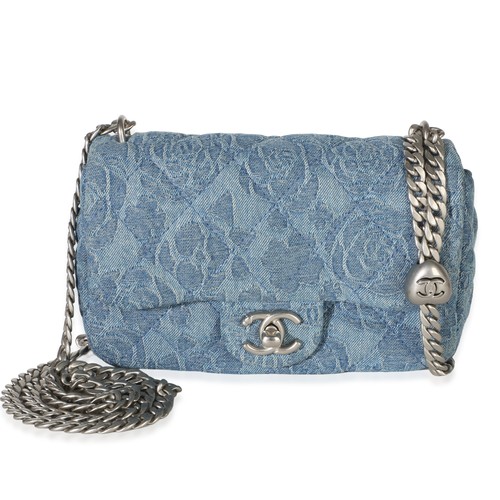 Chanel Blue Quilted Denim Camellia Sweetheart Mini Flap Bag
